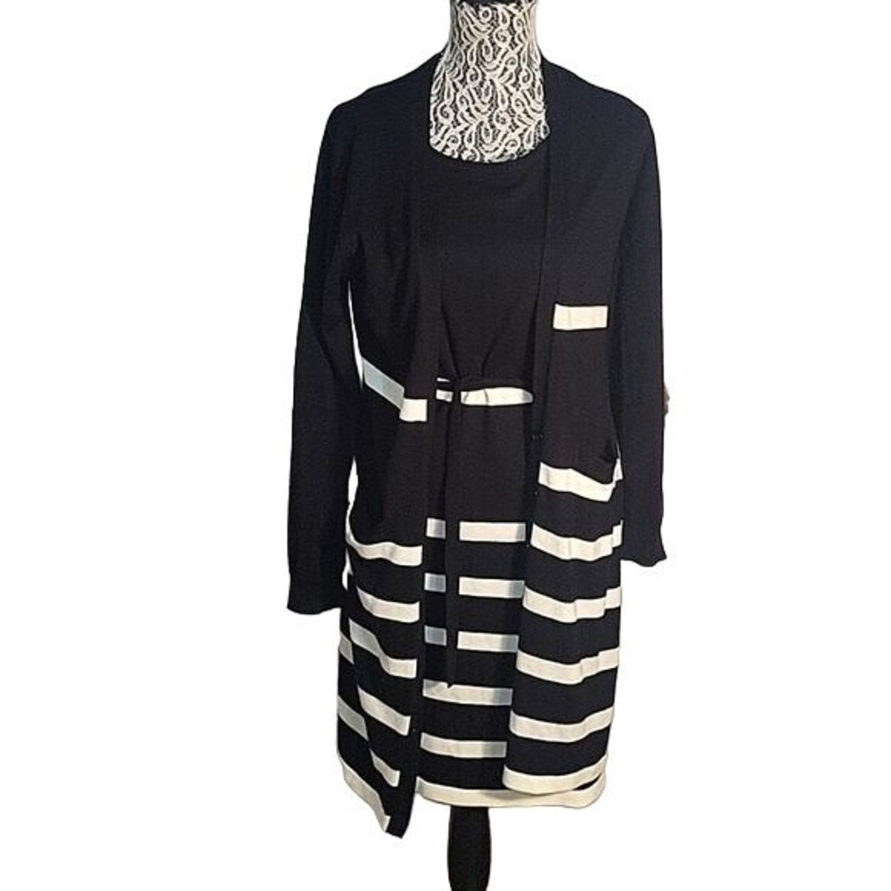 Calvin Klein Black White Stripe Knit Cardigan Dress Set Women M